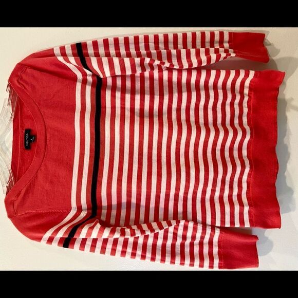 Nautica Womens Pullover Sweater Red Blue Stripe Long Sleeve RoundNeck Sz Large - Picture 5 of 6